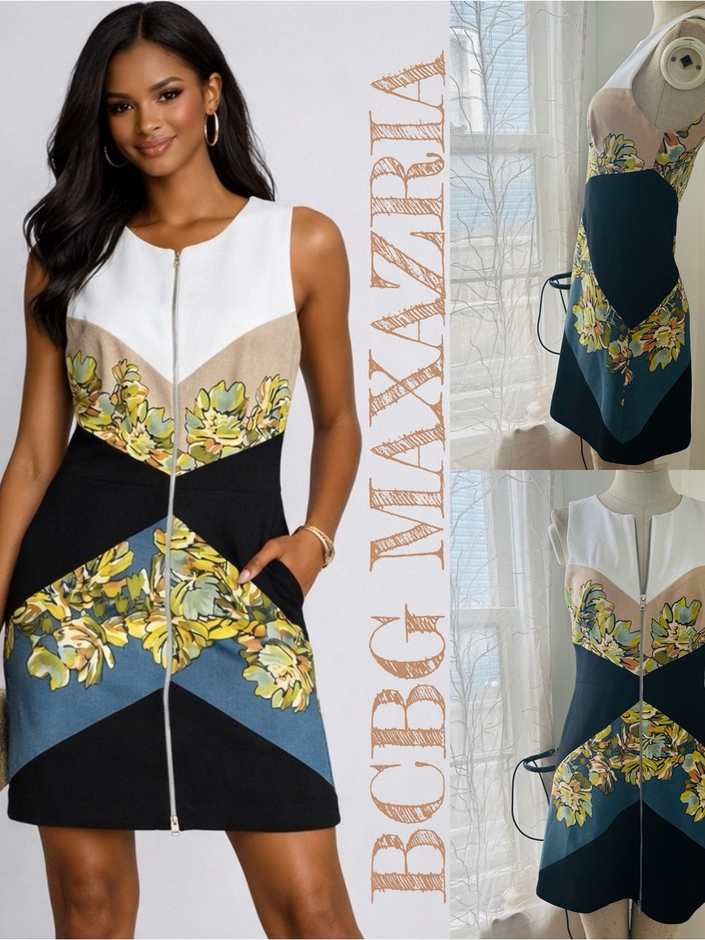 BCBGMaxAzria White Black Blue Floral Zip-Front Mini Dress